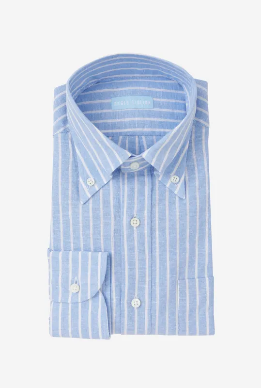 Button Down Sport Shirt Cotton-Linen Blue Reverse Stripe made by Anglo Italian