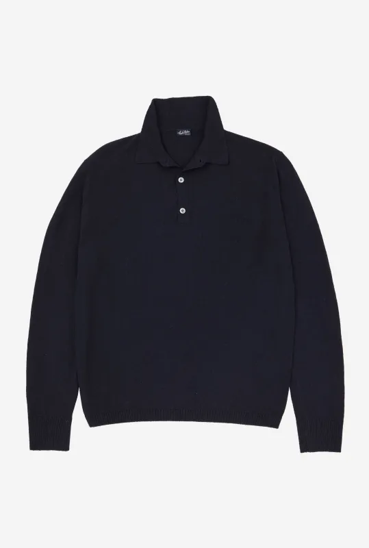 Knitted Polo Silk Navy made by Anglo Italian