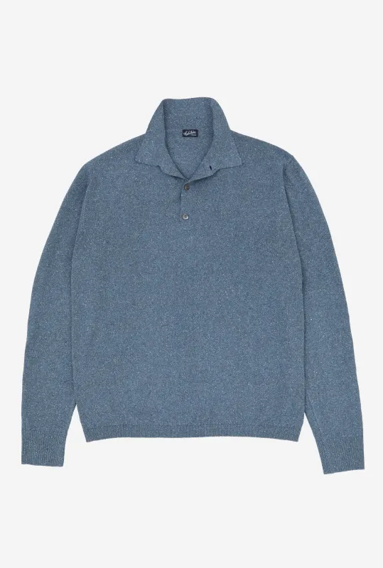 Knitted Polo Silk Airforce Blue Melange made by Anglo Italian