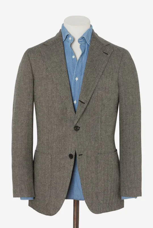 Sport Jacket Linen Cotton Silk Ecru Black Herringbone made by Anglo Italian