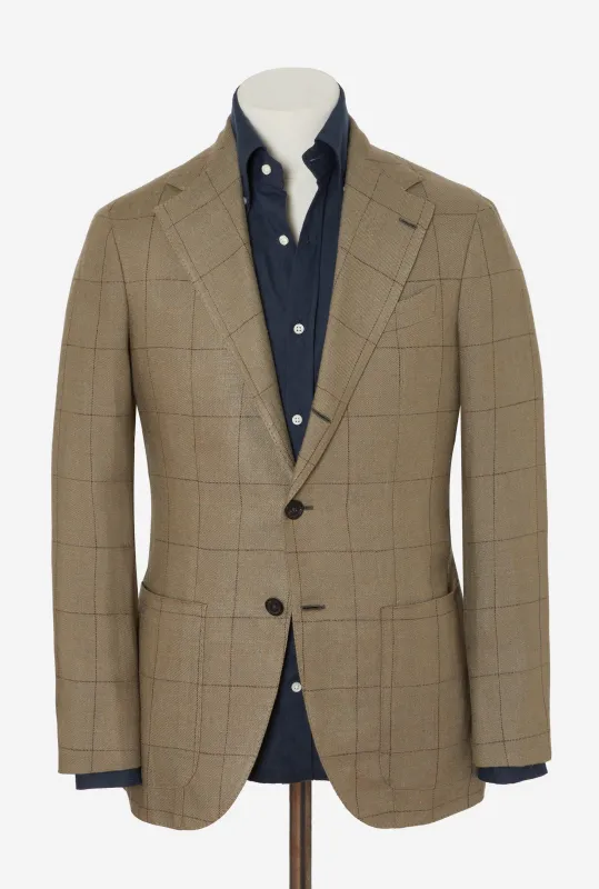 Sport Jacket Silk-Linen Sage Twill Brown Overcheck made by Anglo Italian