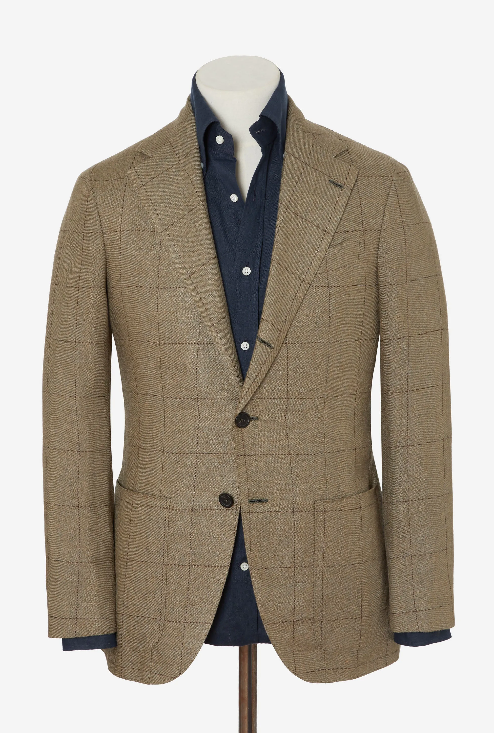 Sport Jacket Silk-Linen Sage Twill Brown Overcheck sold by Anglo Italian