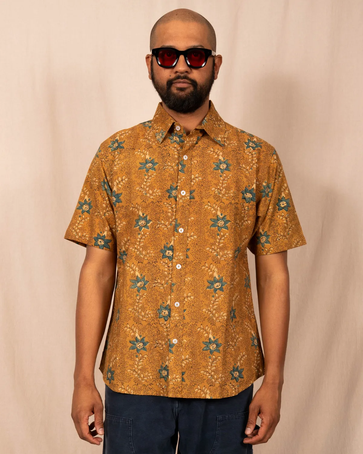 'The Folk' Shirt in Mustard and Indigo Floral sold by Dushyant