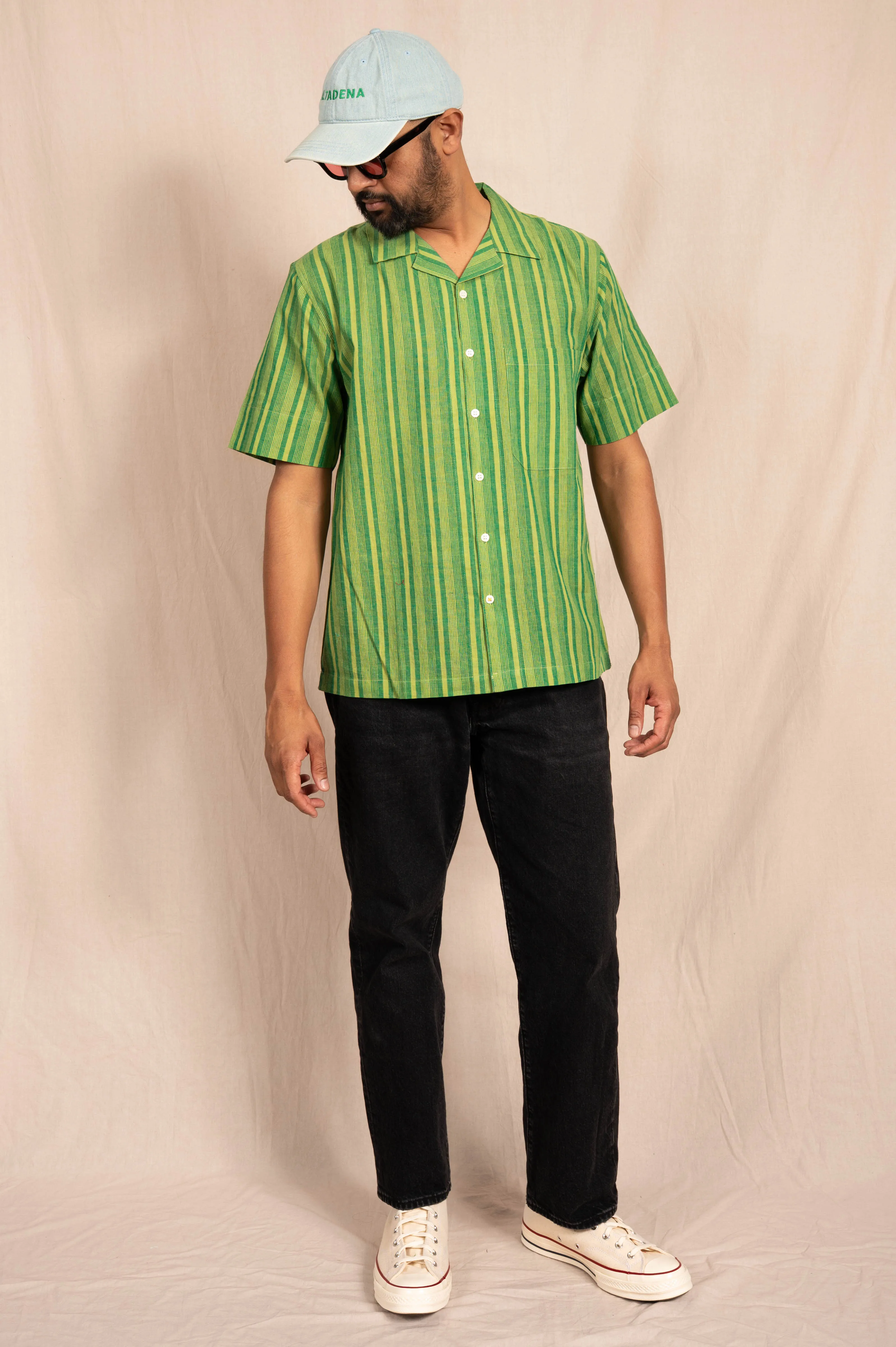 'The Nero' Camp Shirt in Green and White Stripes sold by Dushyant product image thumbnail 4
