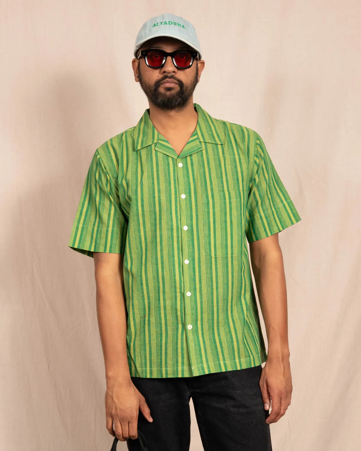 'The Nero' Camp Shirt in Green and White Stripes sold by Dushyant