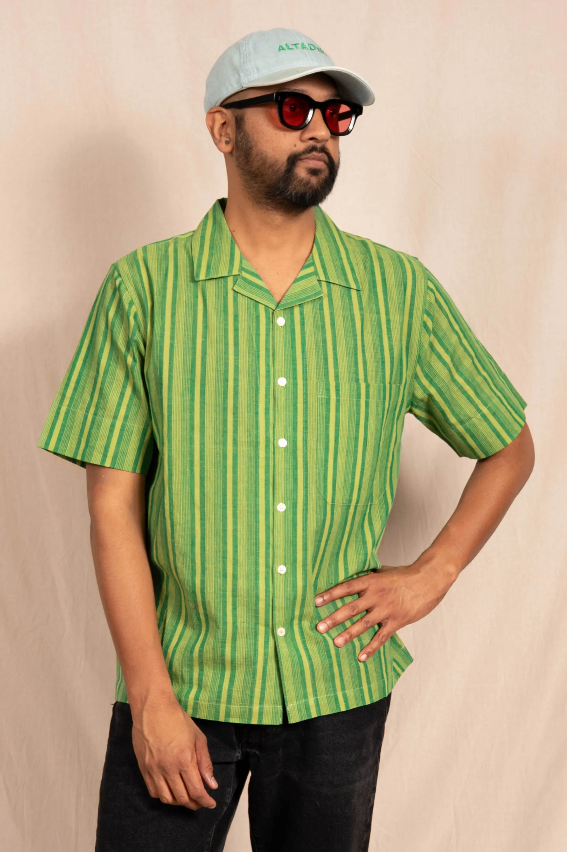 'The Nero' Camp Shirt in Green and White Stripes sold by Dushyant product image thumbnail 3