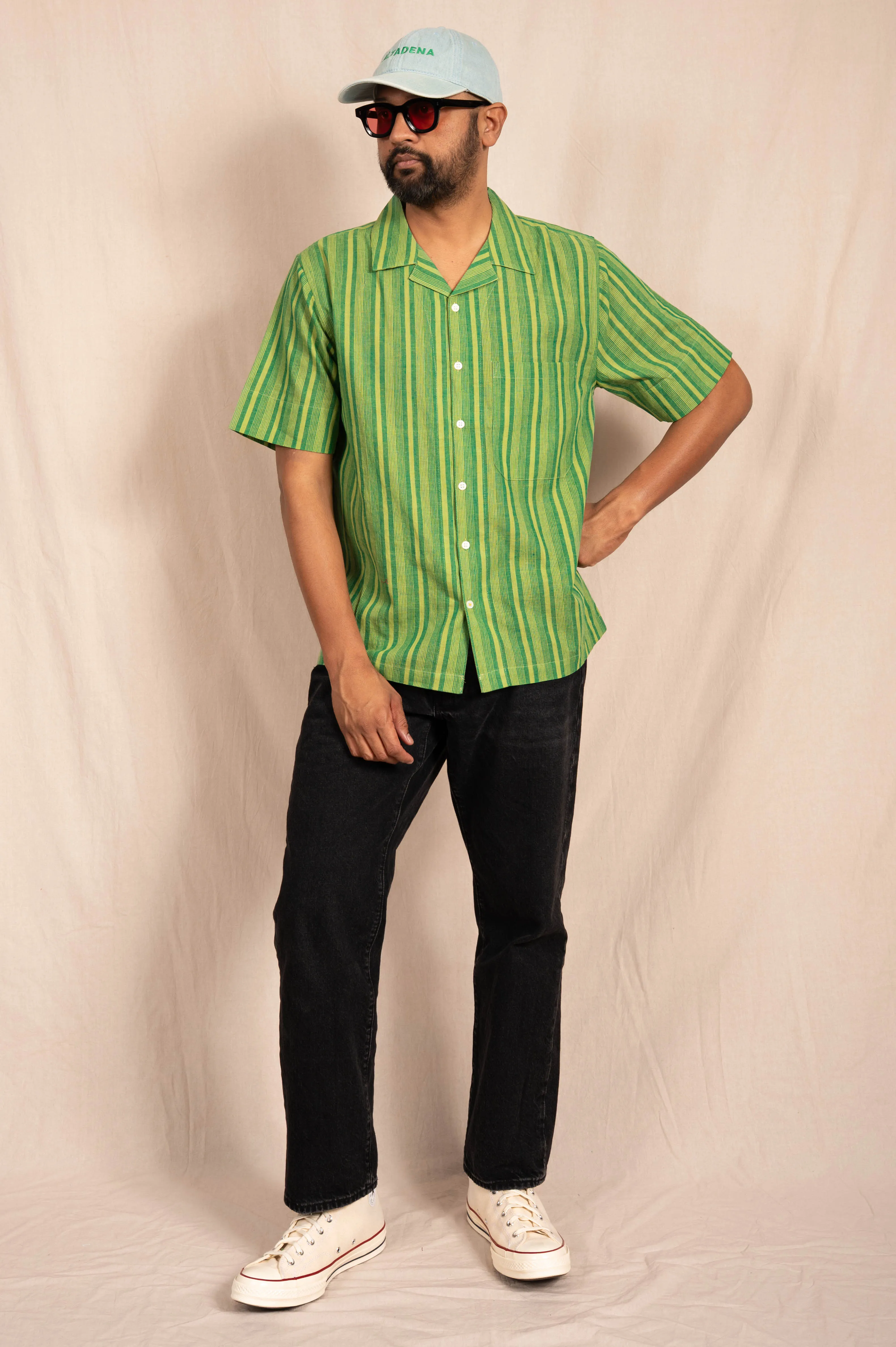 'The Nero' Camp Shirt in Green and White Stripes sold by Dushyant product image thumbnail 5