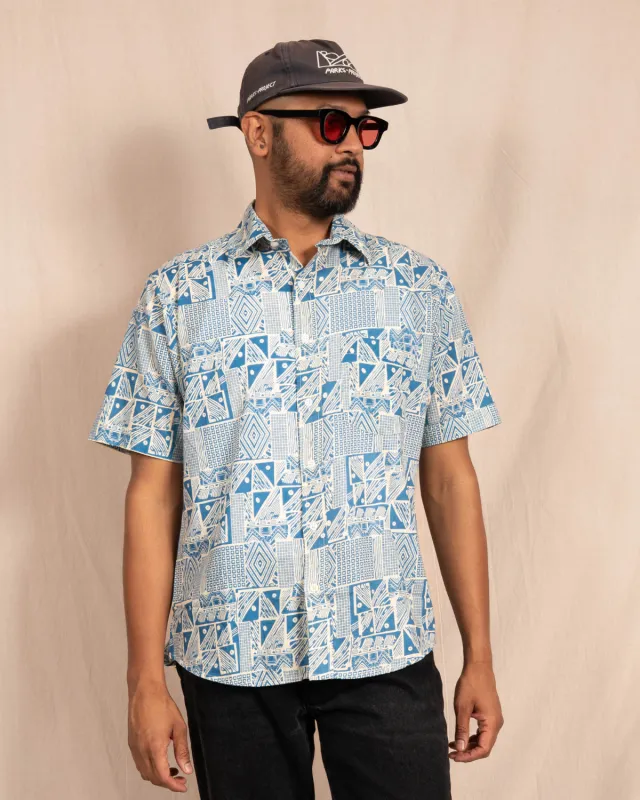 'The Folk' Shirt in Blue Abstract Art Print made by Dushyant
