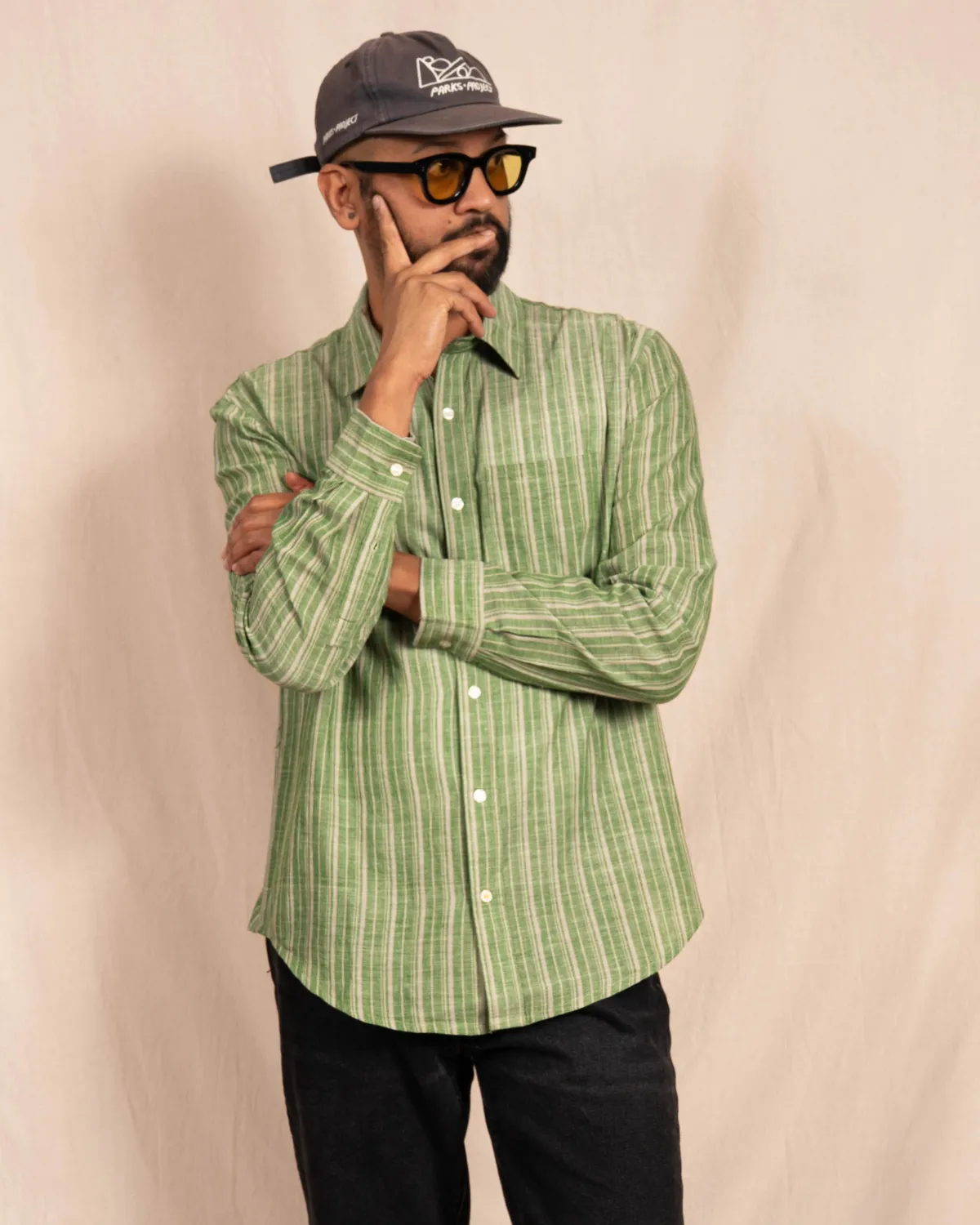 'The Brady' Long Sleeve Shirt in Green and White Stripes sold by Dushyant