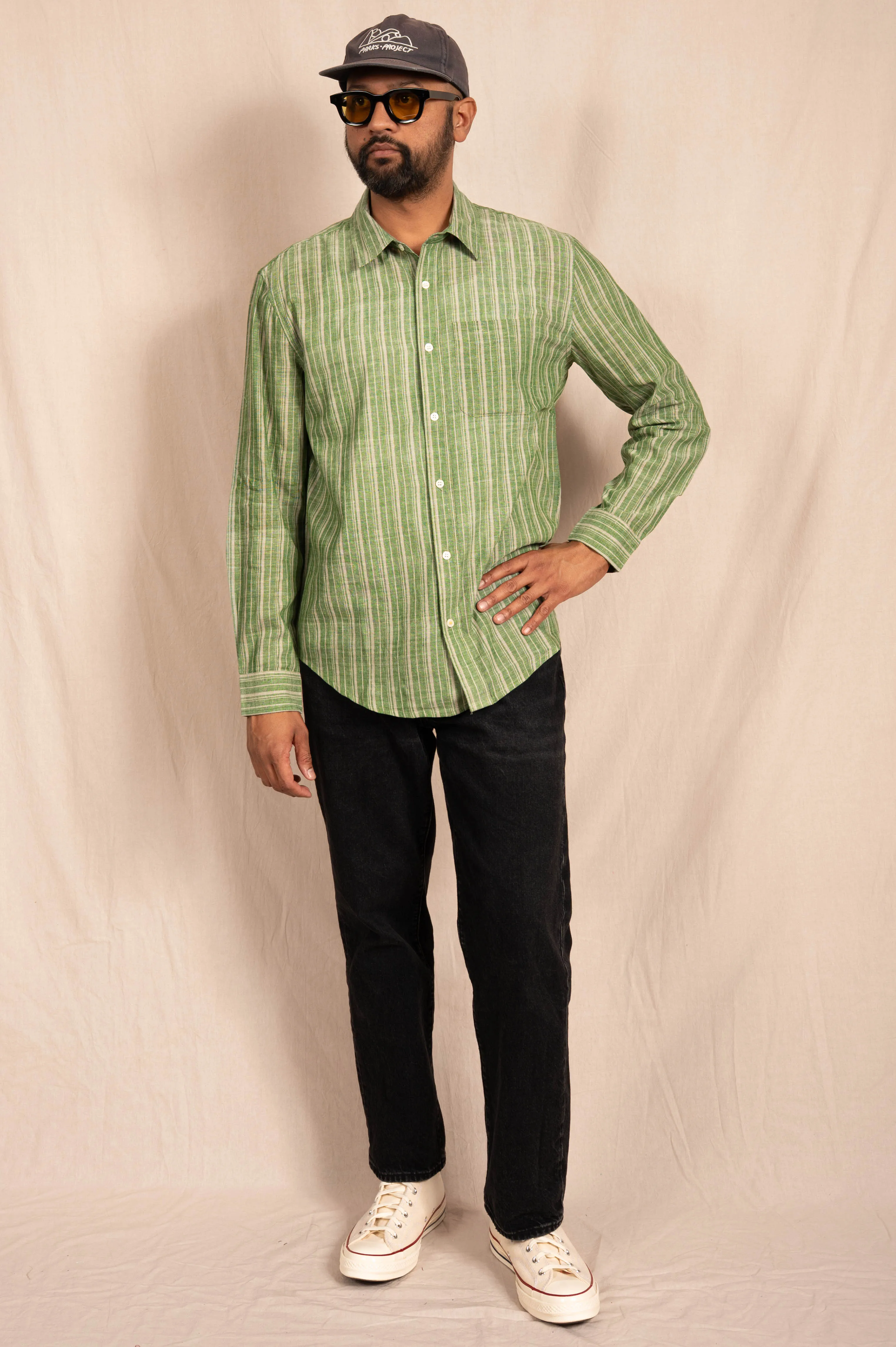 'The Brady' Long Sleeve Shirt in Green and White Stripes sold by Dushyant product image thumbnail 4