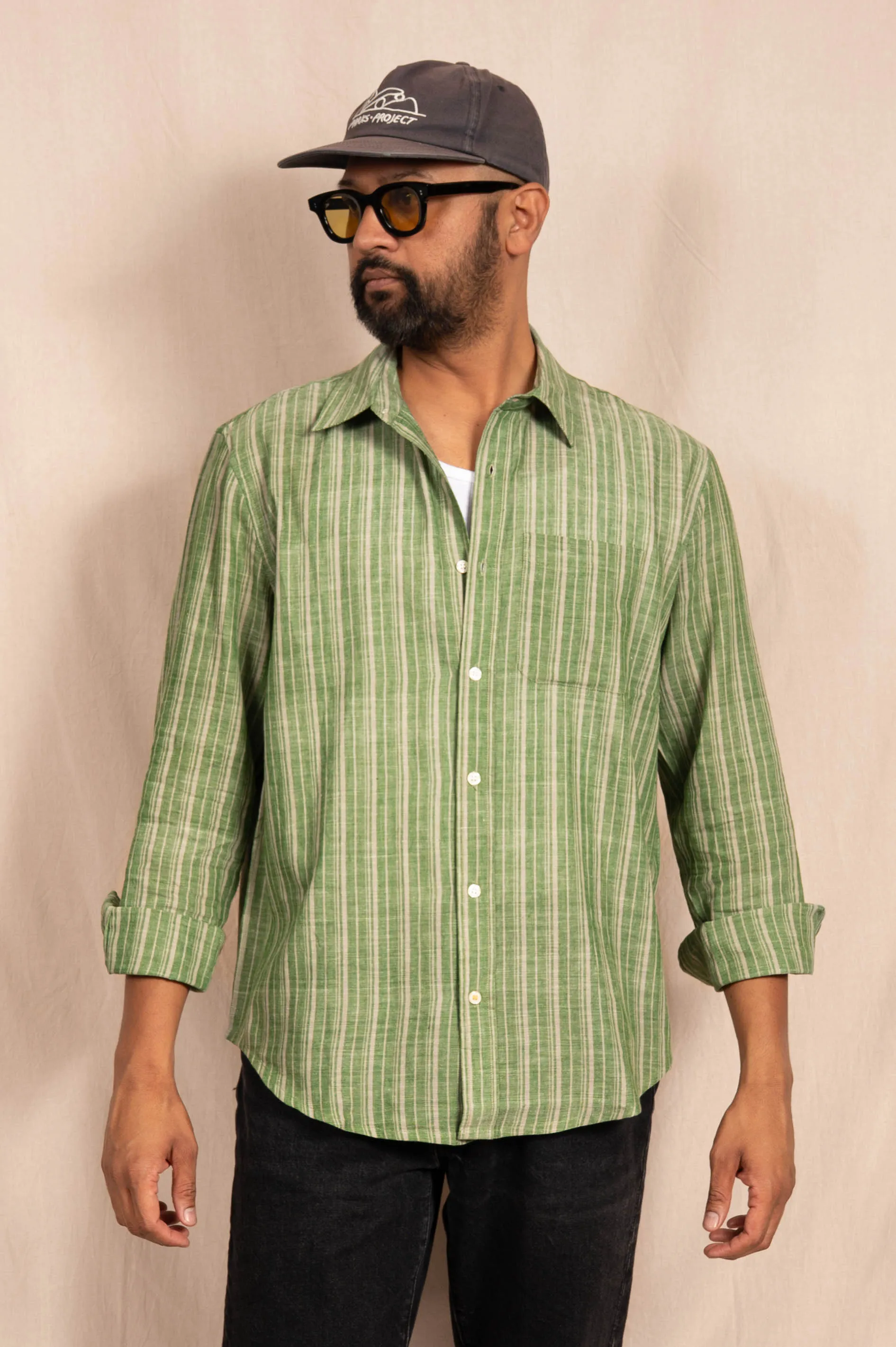'The Brady' Long Sleeve Shirt in Green and White Stripes sold by Dushyant product image thumbnail 3