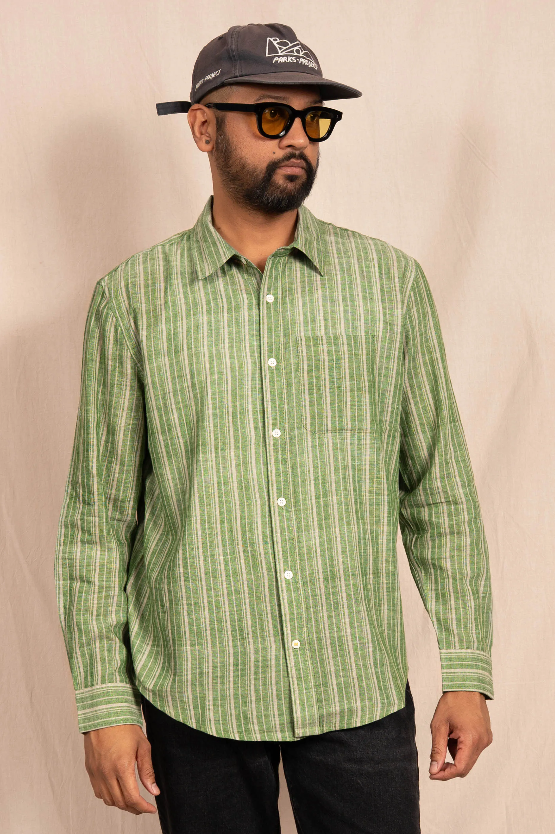 'The Brady' Long Sleeve Shirt in Green and White Stripes sold by Dushyant product image thumbnail 2