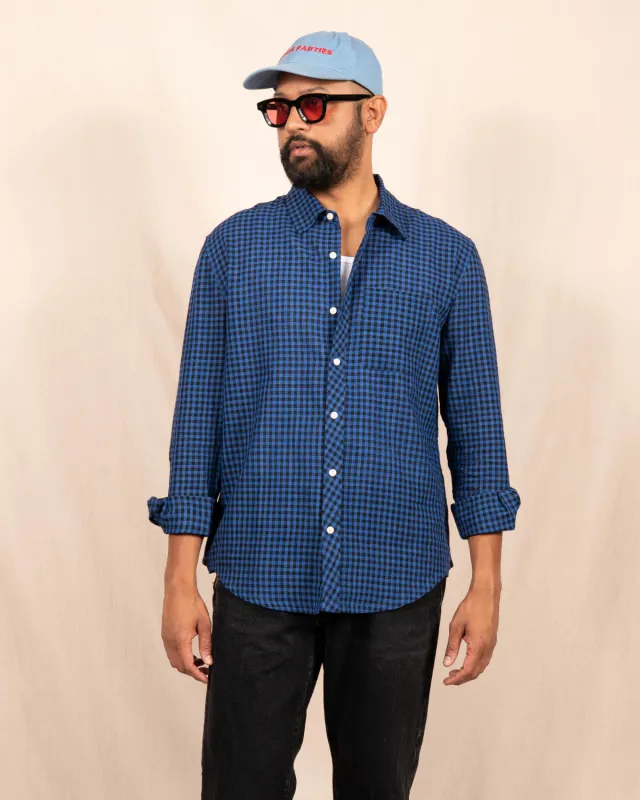 'The Brady' Long Sleeve Shirt in Blue and Black Gingham made by Dushyant