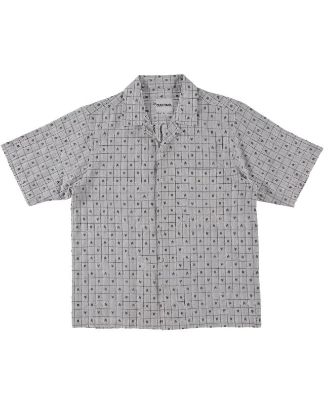 'The Don' Camp Shirt in White with Black Jamdani Embroidery made by Dushyant