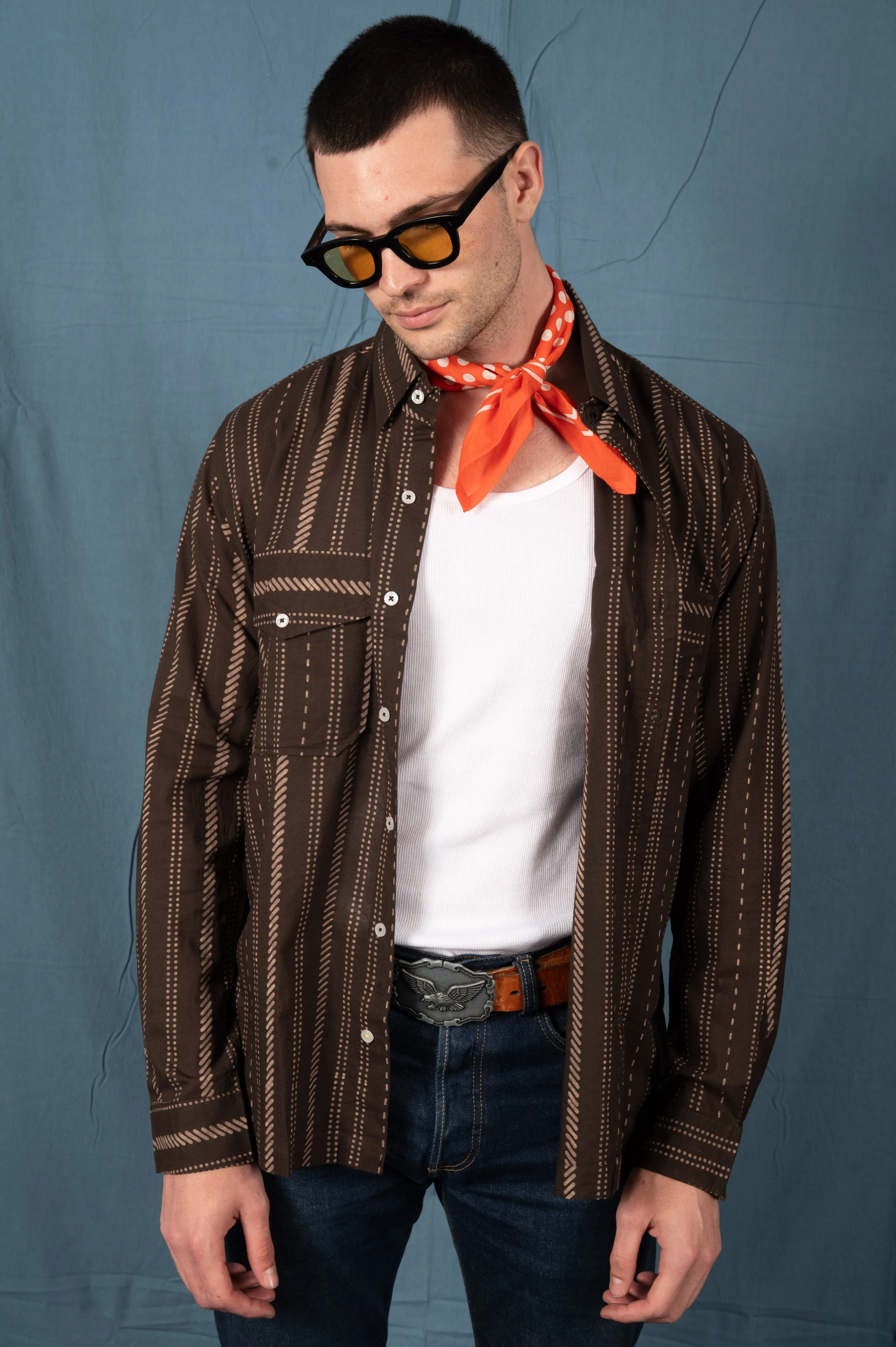 Hand Printed 'Jesse' Shirt in Chocolate Stripes sold by Dushyant product image thumbnail 3