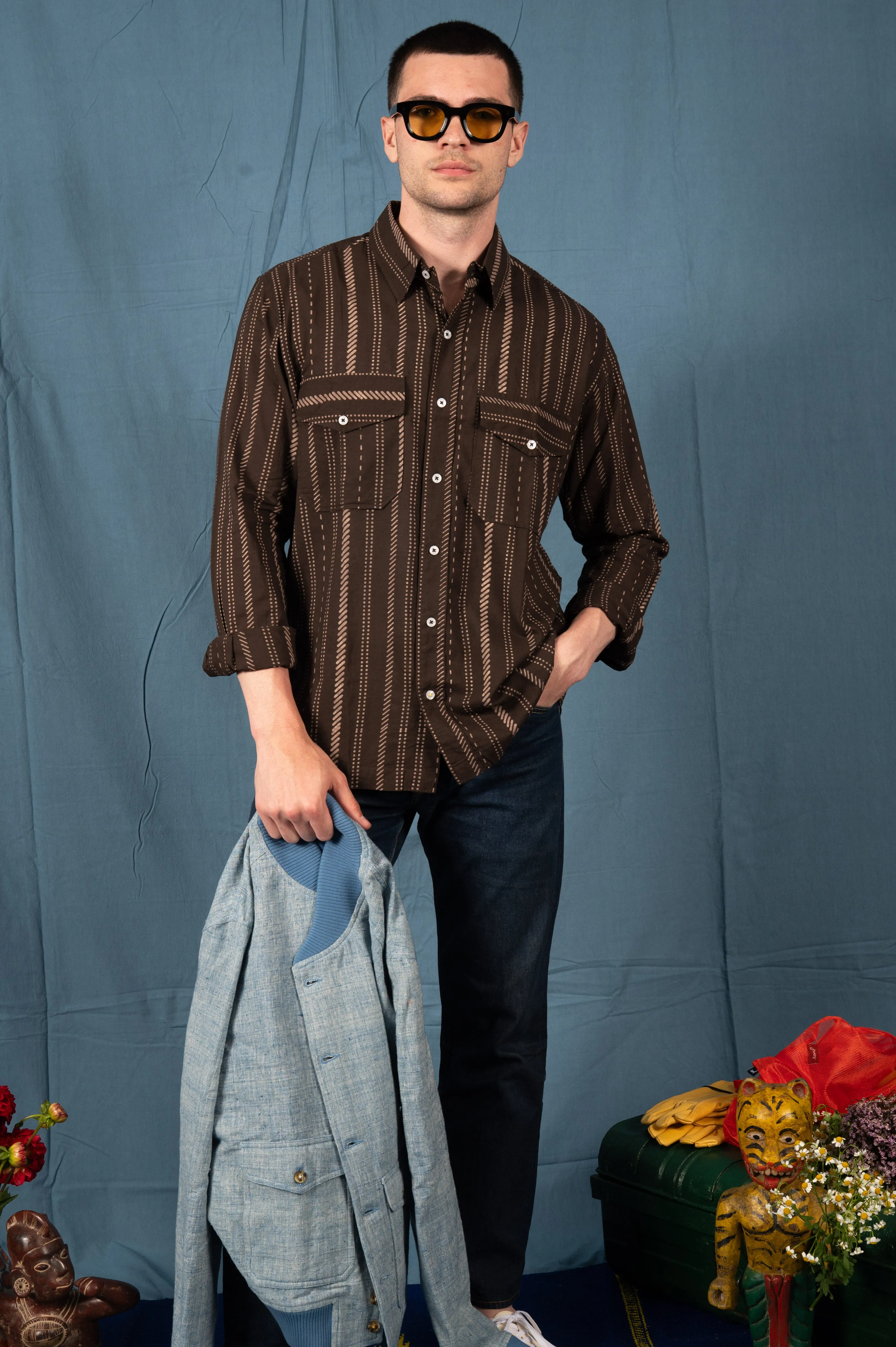 Hand Printed 'Jesse' Shirt in Chocolate Stripes sold by Dushyant product image thumbnail 4