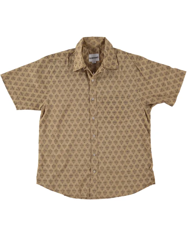 Hand Printed 'The Folk' Short Sleeve Shirt in Khaki Motif made by Dushyant