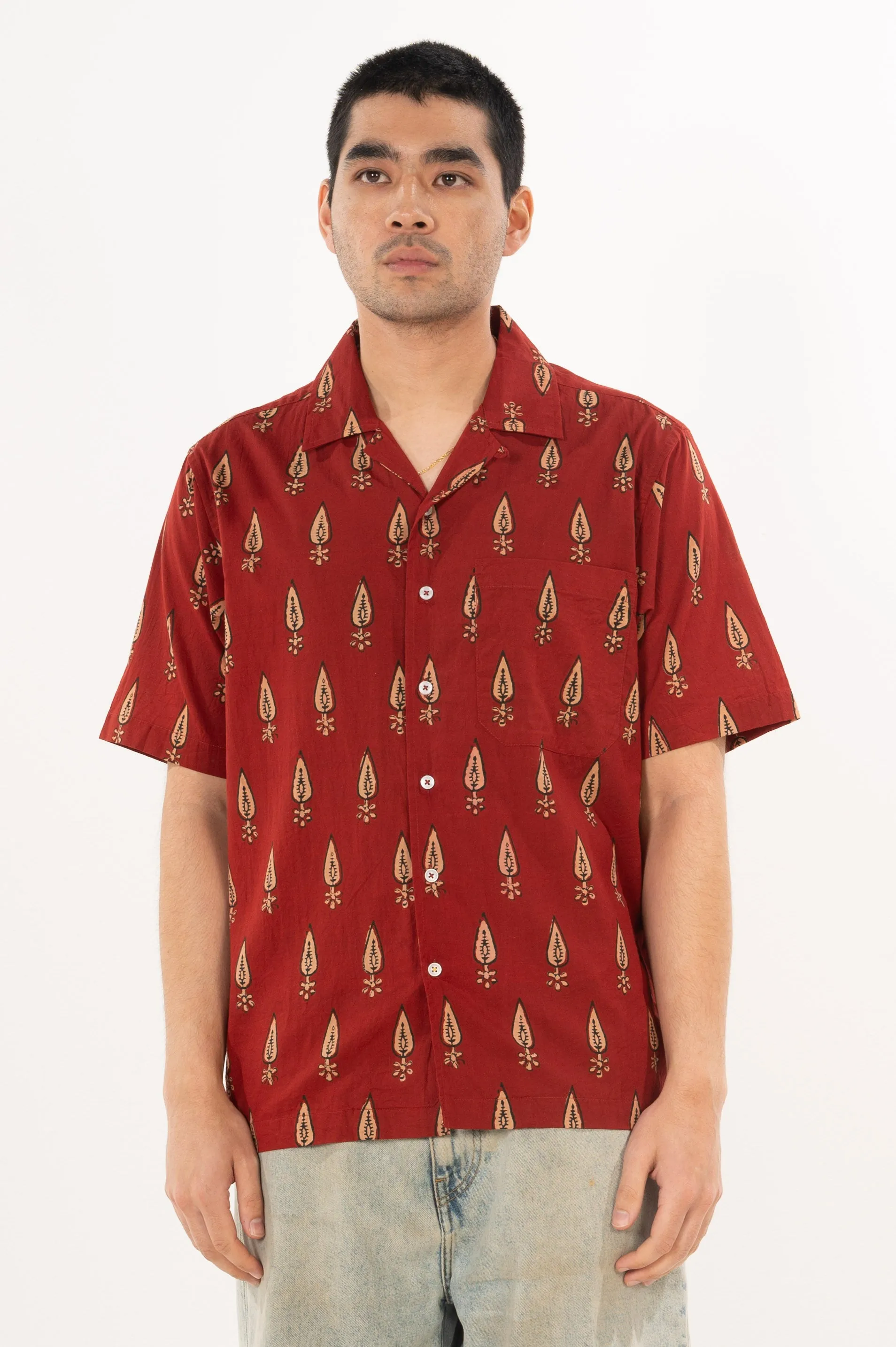 Hand Block Printed 'The Don' Camp Collar Shirt in Maroon Motif sold by Dushyant product image thumbnail 2