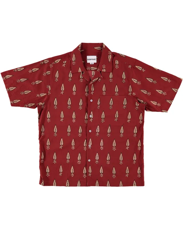 Hand Block Printed 'The Don' Camp Collar Shirt in Maroon Motif made by Dushyant