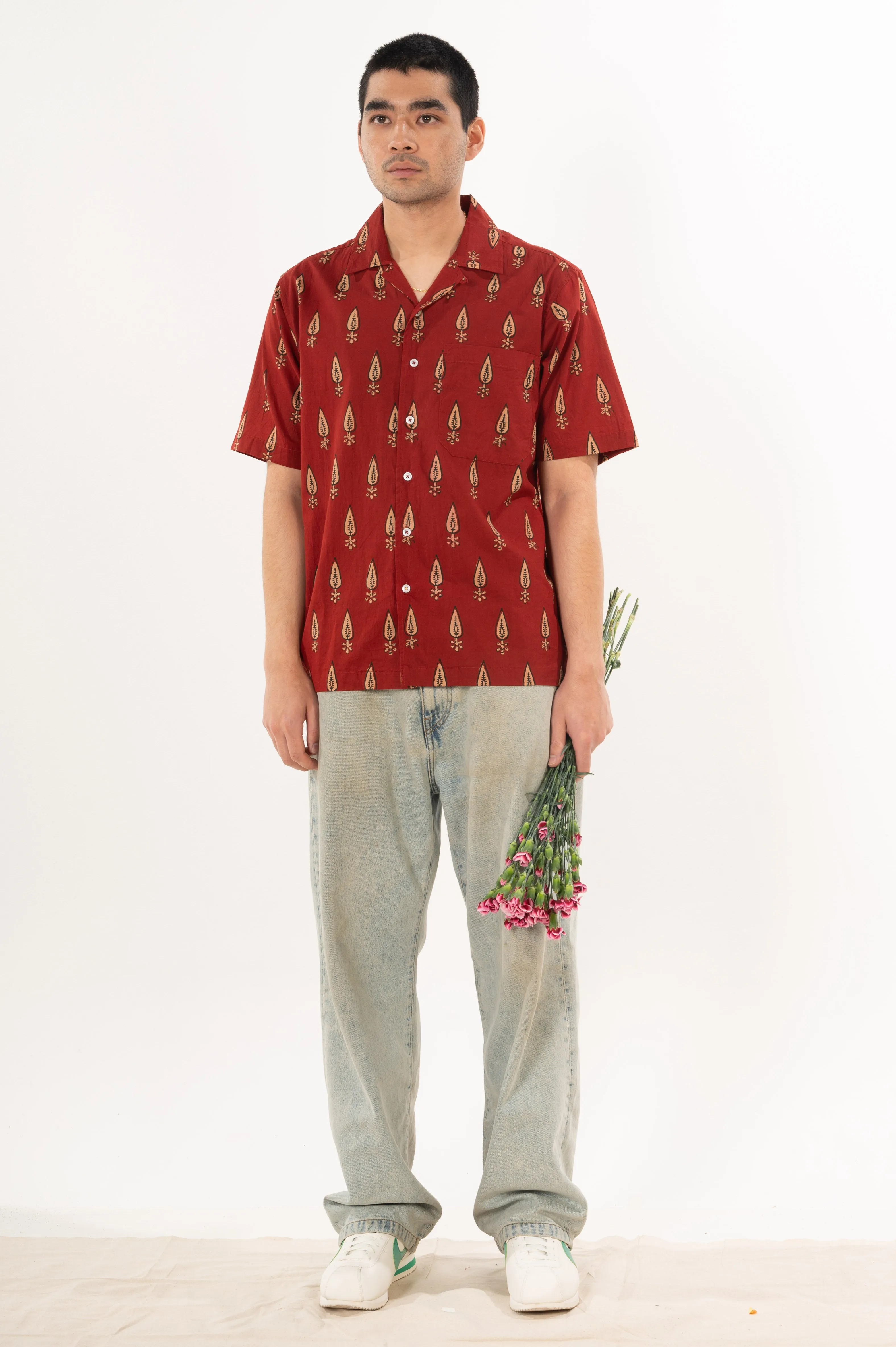 Hand Block Printed 'The Don' Camp Collar Shirt in Maroon Motif sold by Dushyant product image thumbnail 3
