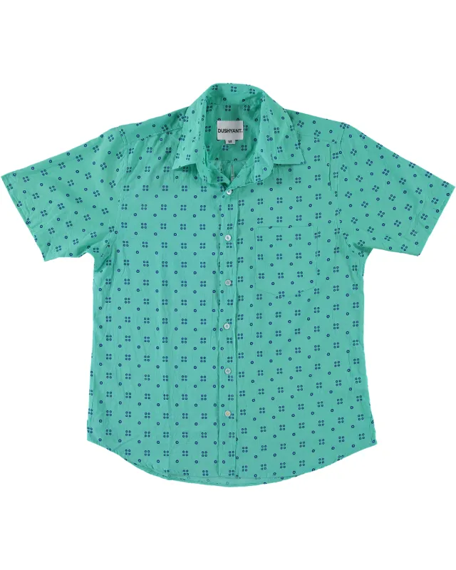 Hand Printed 'The Folk' Short Sleeve Shirt in Navy and Mint Dots made by Dushyant