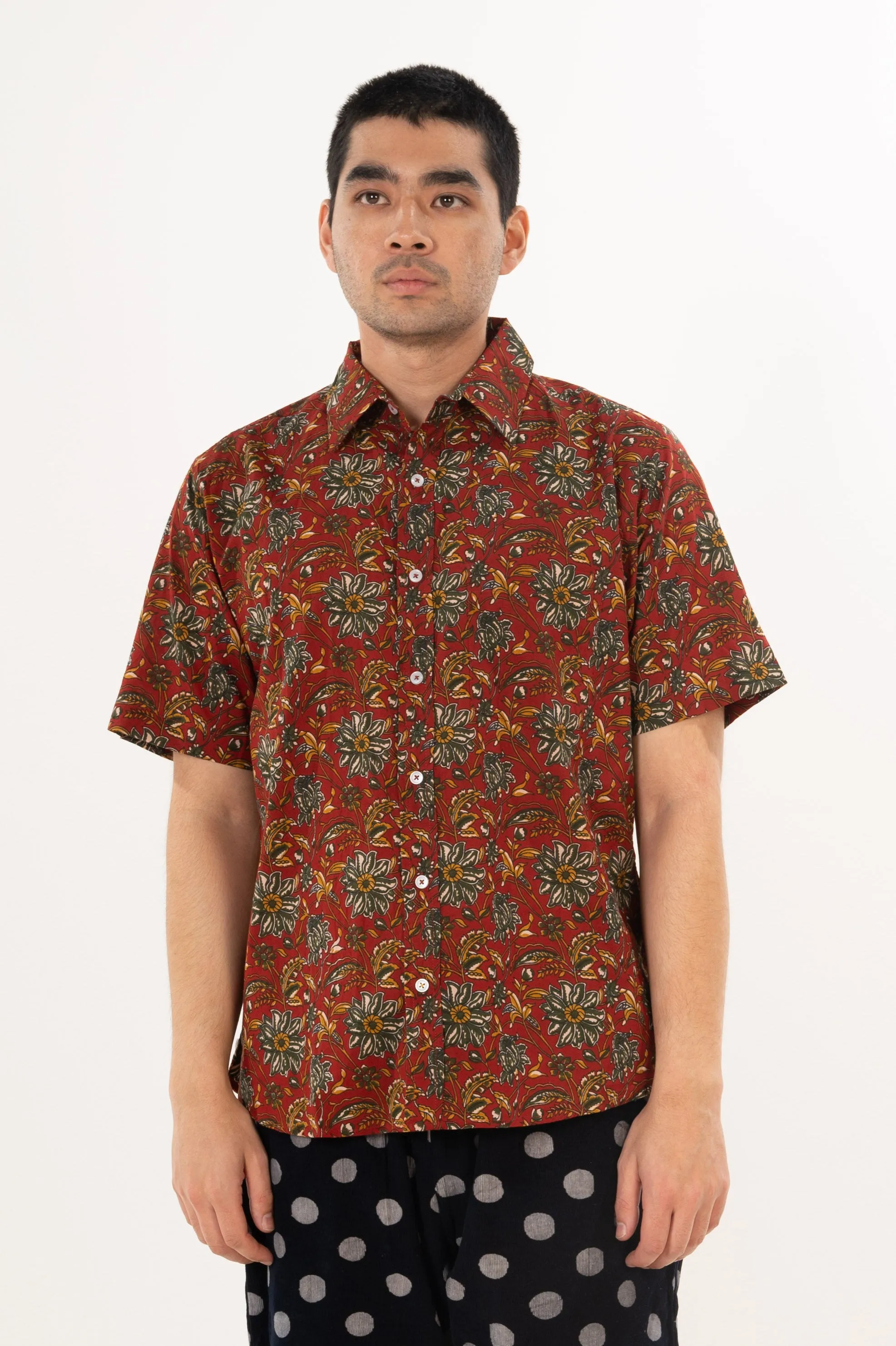 Hand Printed 'The Folk' Short Sleeve Shirt in French Maroon Floral sold by Dushyant product image thumbnail 2