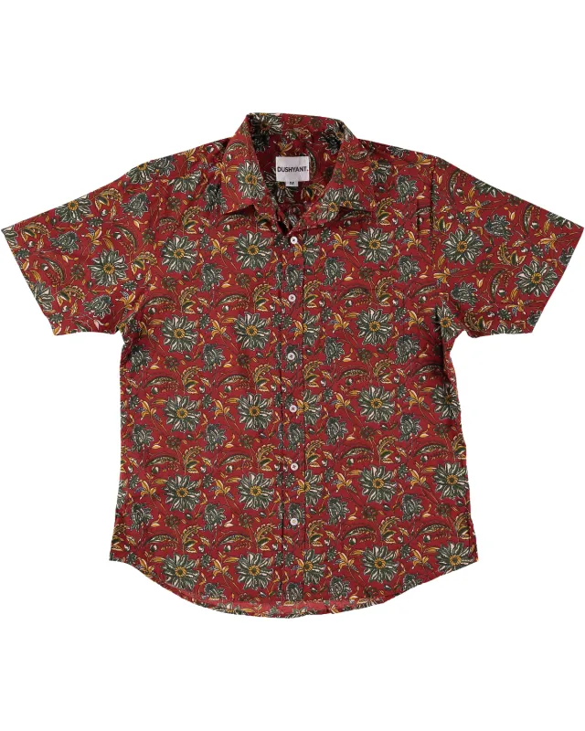 Hand Printed 'The Folk' Short Sleeve Shirt in French Maroon Floral made by Dushyant