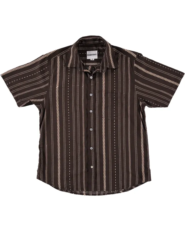 Hand Printed 'The Folk' Short Sleeve Shirt in Chocolate Stripes made by Dushyant