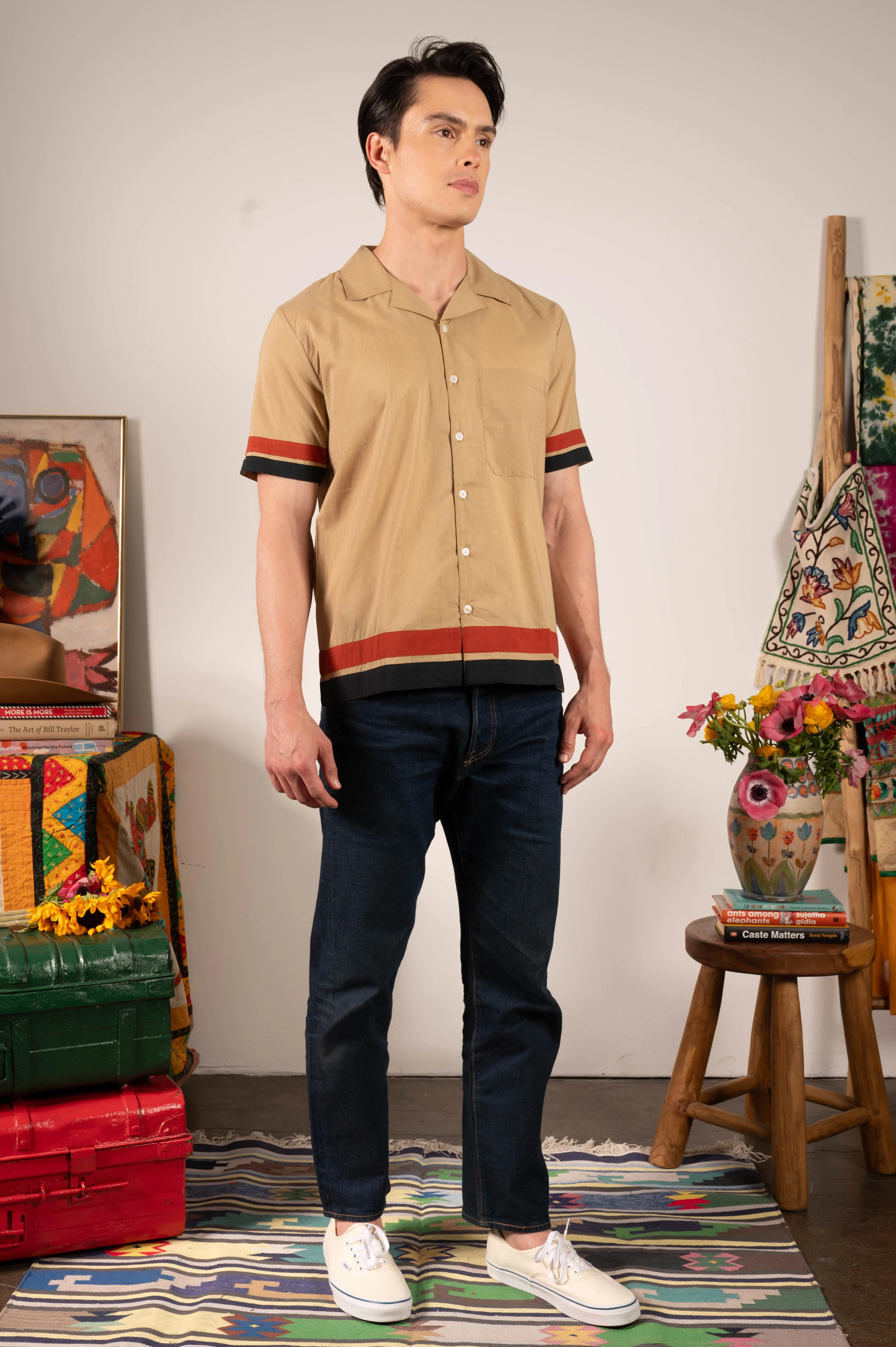 'The Don' Camp Collar Shirt in Khaki Ivy Stripe sold by Dushyant product image thumbnail 3