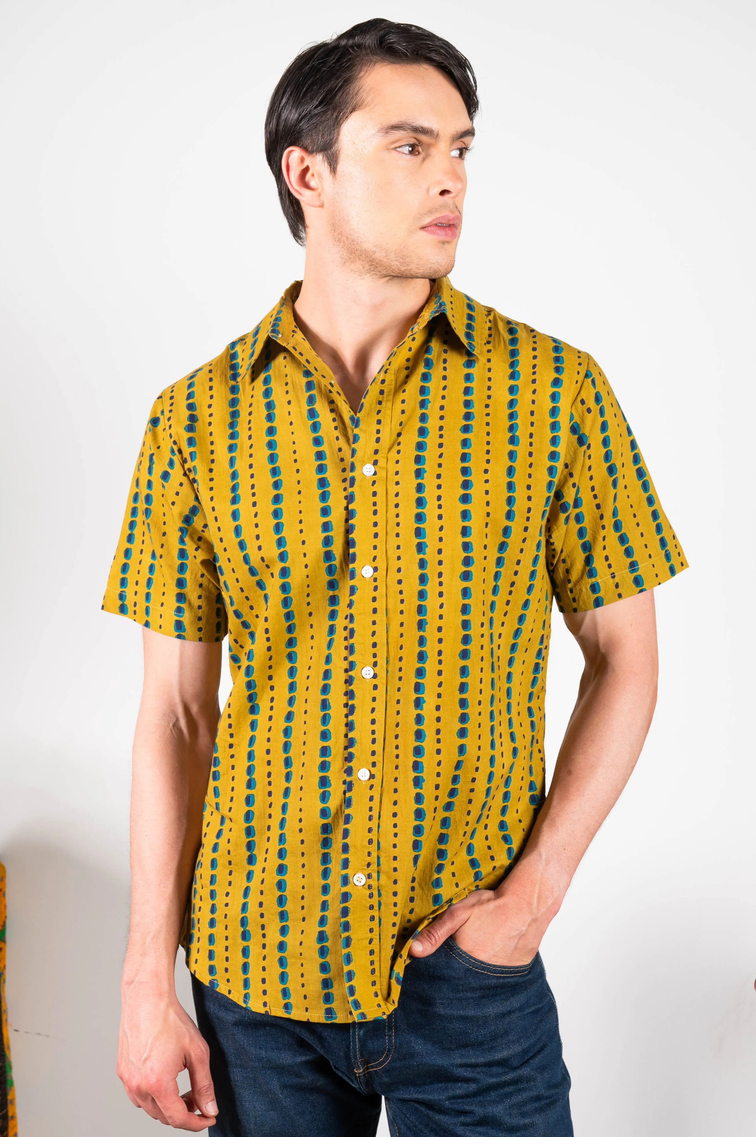 Hand Printed 'The Sheril' Short Sleeve Shirt in Mustard and Teal Print sold by Dushyant product image thumbnail 2