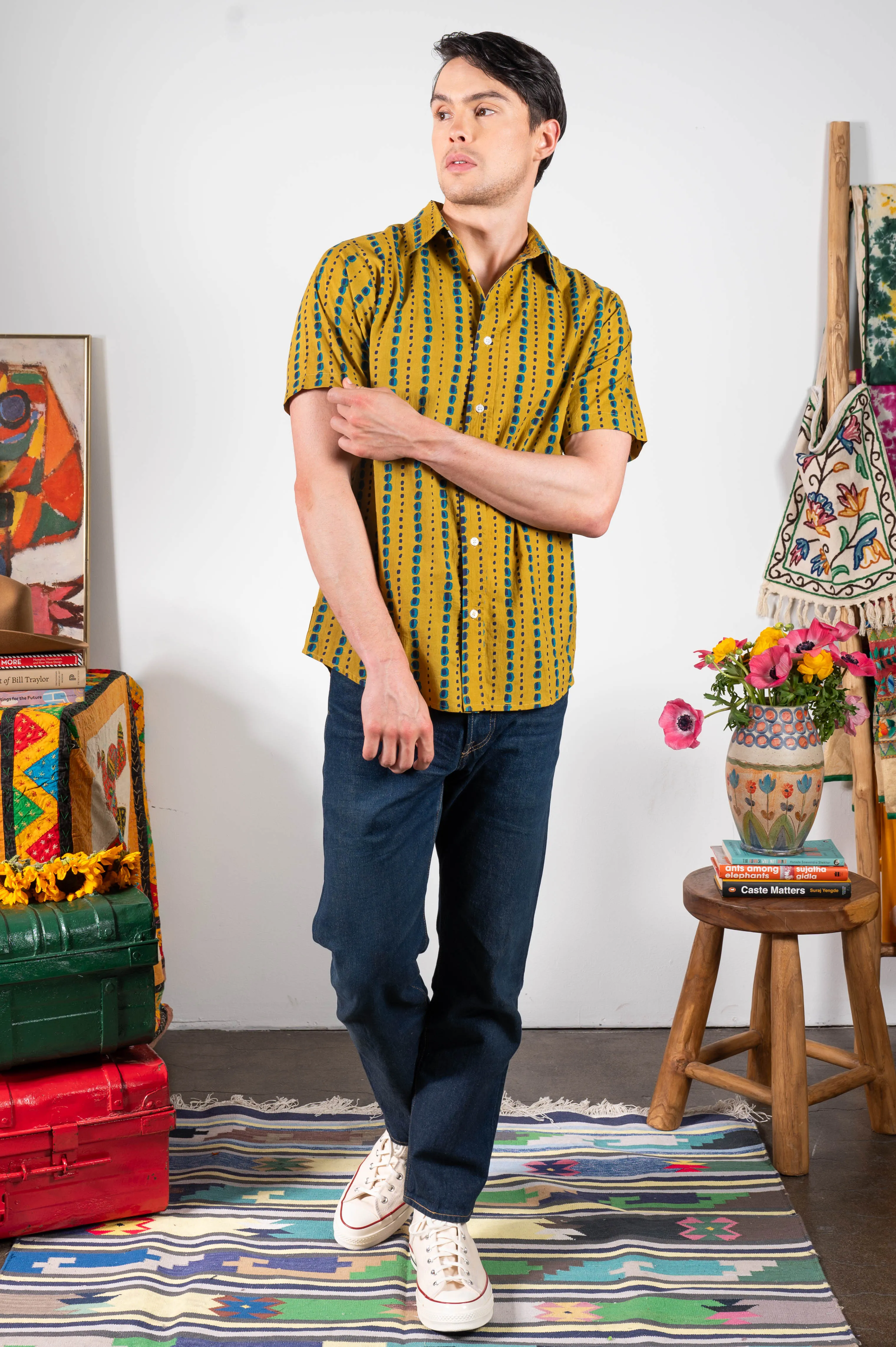 Hand Printed 'The Sheril' Short Sleeve Shirt in Mustard and Teal Print sold by Dushyant product image thumbnail 3