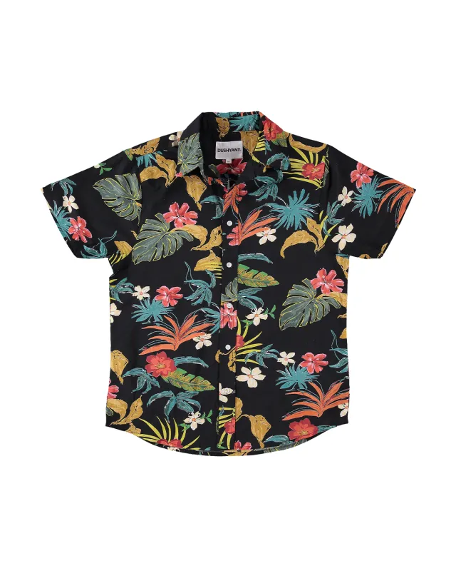 Hand Printed 'The Prat' Short Sleeve Shirt in Black Tropical Floral Print made by Dushyant