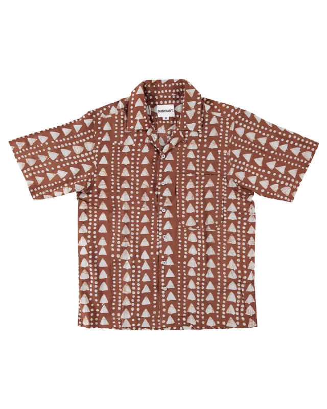 Hand Block Printed 'The Don' Camp Collar Shirt in Khaki Triangles Art Print made by Dushyant