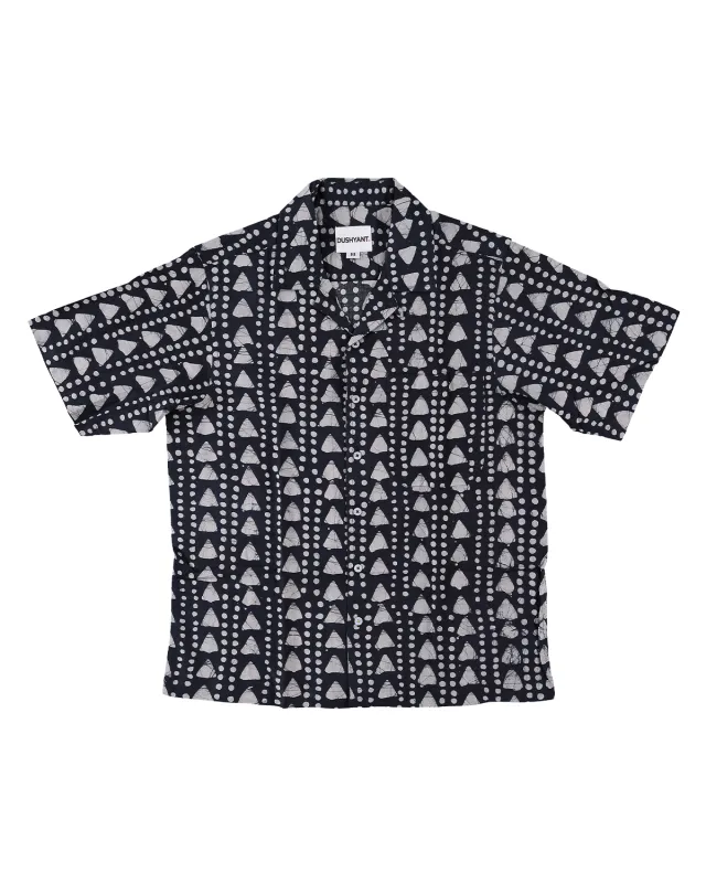 Hand Block Printed 'The Don' Camp Collar Shirt in Black Triangles Art Print made by Dushyant