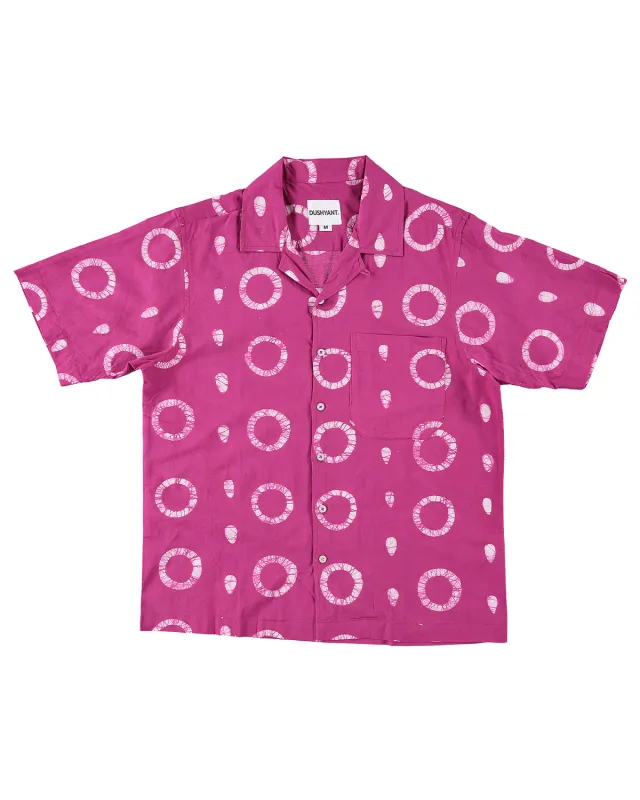 Hand Block Printed 'The Don' Camp Collar Shirt in Magenta Circles Art Print made by Dushyant