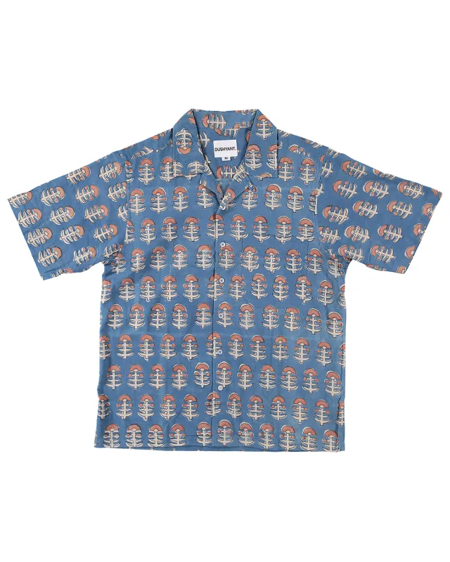 Hand Block Printed 'The Don' Camp Collar Shirt in Light Blue Tribal Print made by Dushyant