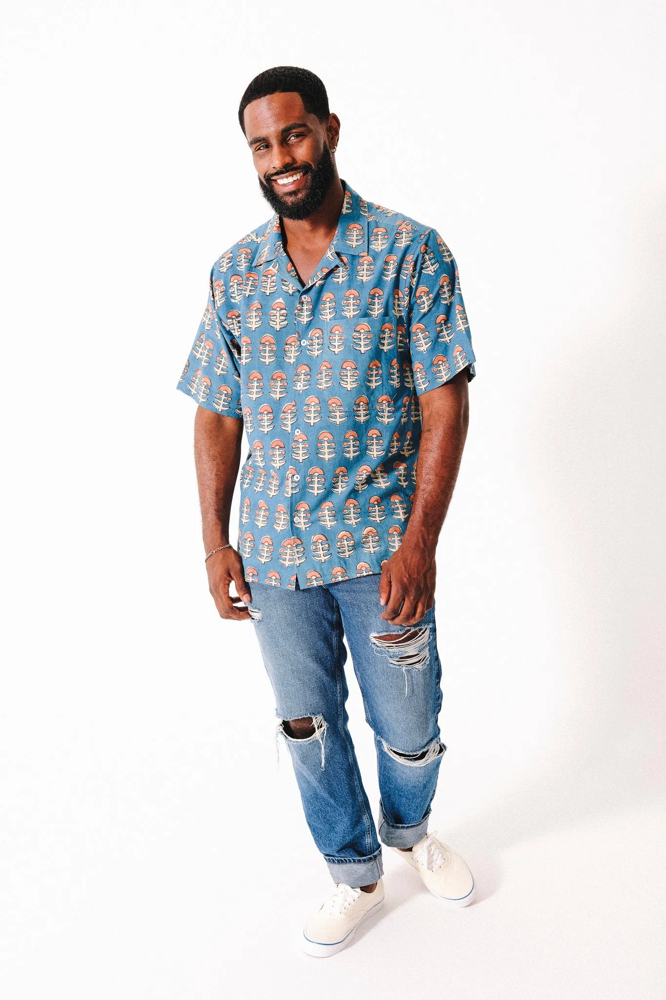 Hand Block Printed 'The Don' Camp Collar Shirt in Light Blue Tribal Print sold by Dushyant product image thumbnail 3