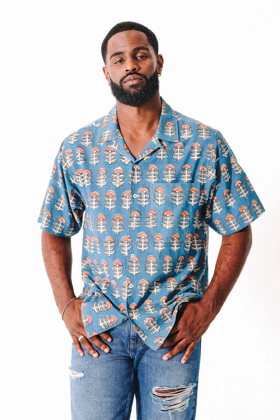 Hand Block Printed 'The Don' Camp Collar Shirt in Light Blue Tribal Print sold by Dushyant product image thumbnail 2