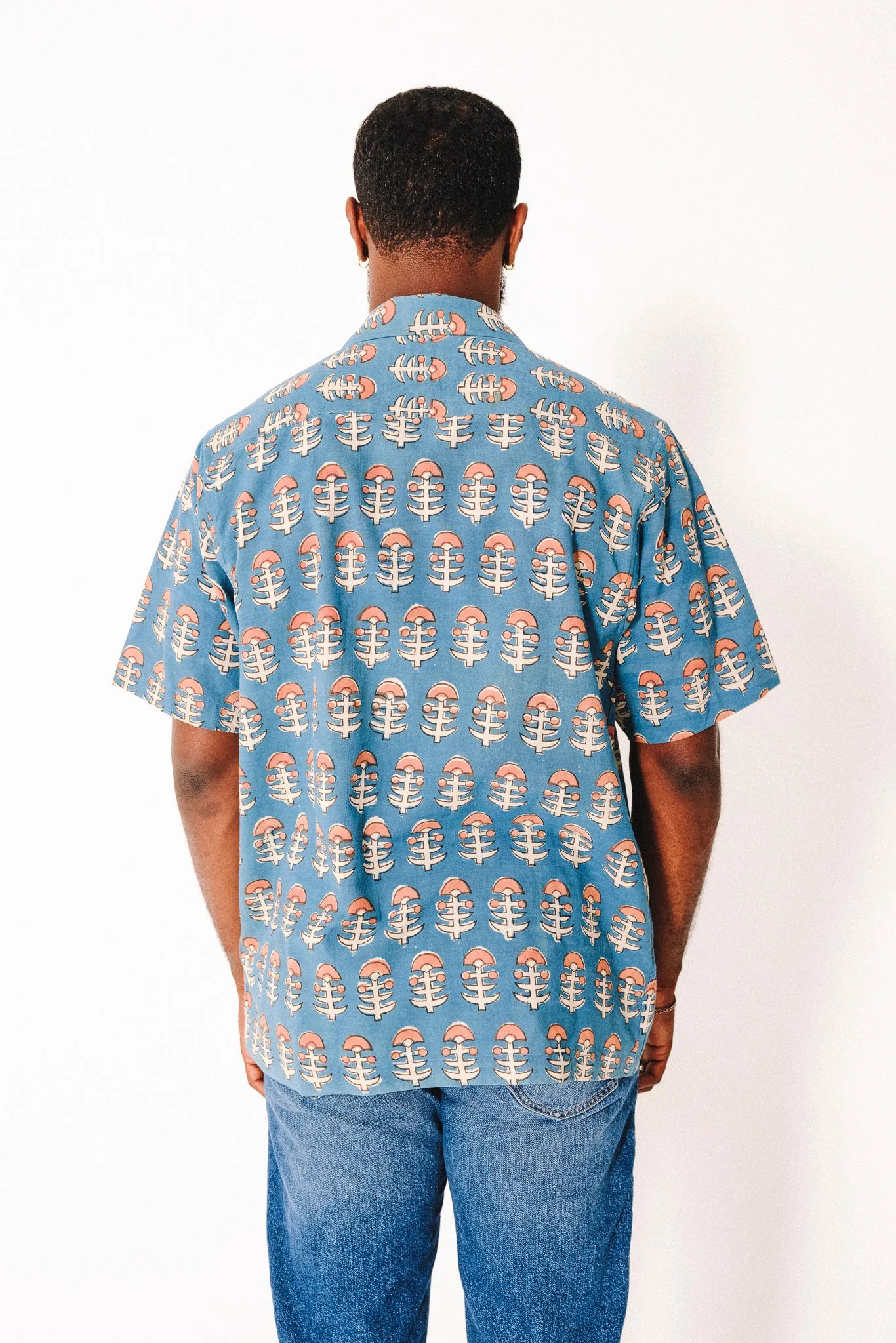 Hand Block Printed 'The Don' Camp Collar Shirt in Light Blue Tribal Print sold by Dushyant product image thumbnail 5