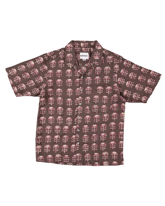 Hand Block Printed 'The Don' Camp Collar Shirt in Brown Tribal Motif made by Dushyant