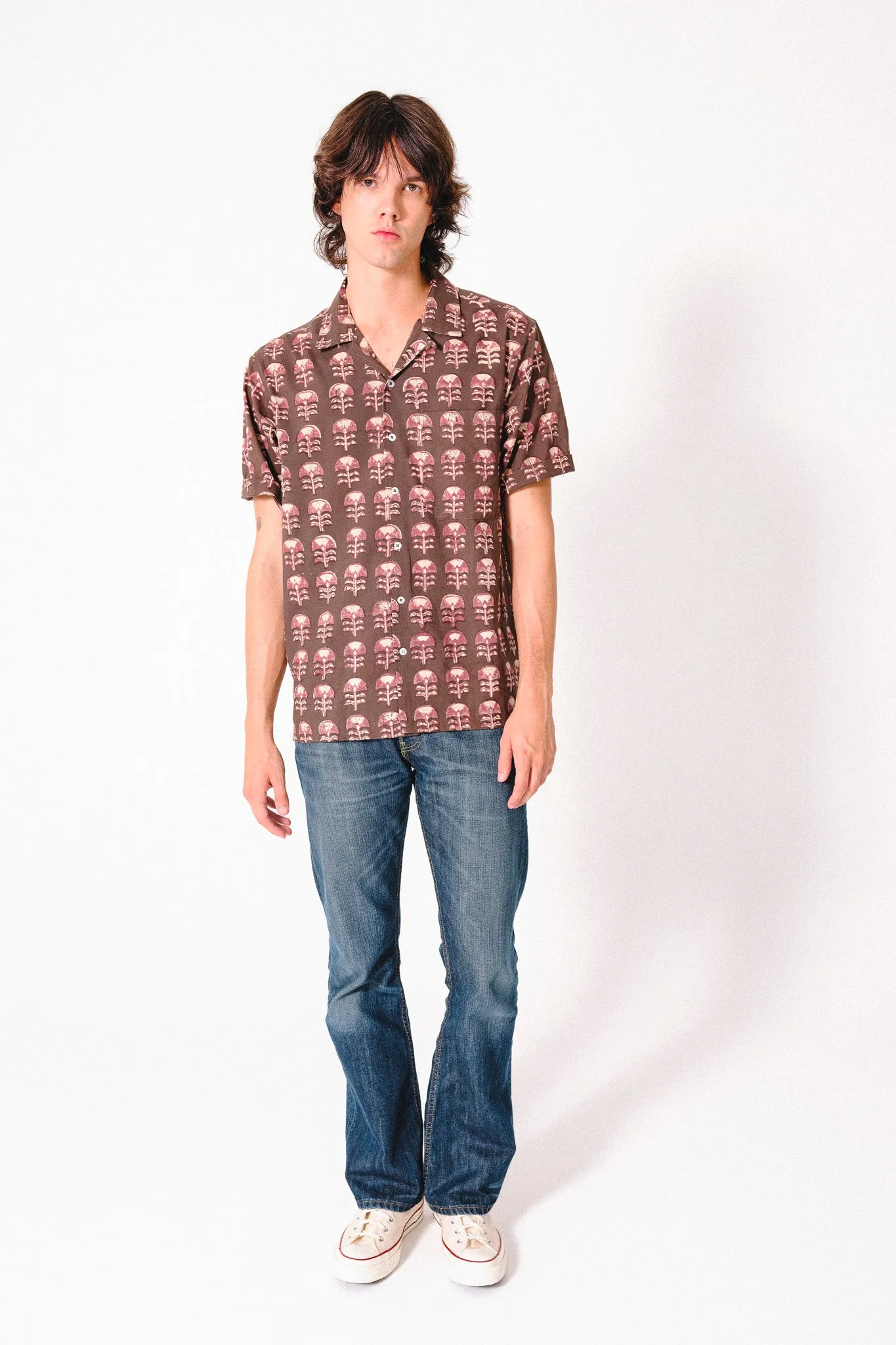Hand Block Printed 'The Don' Camp Collar Shirt in Brown Tribal Motif sold by Dushyant product image thumbnail 3