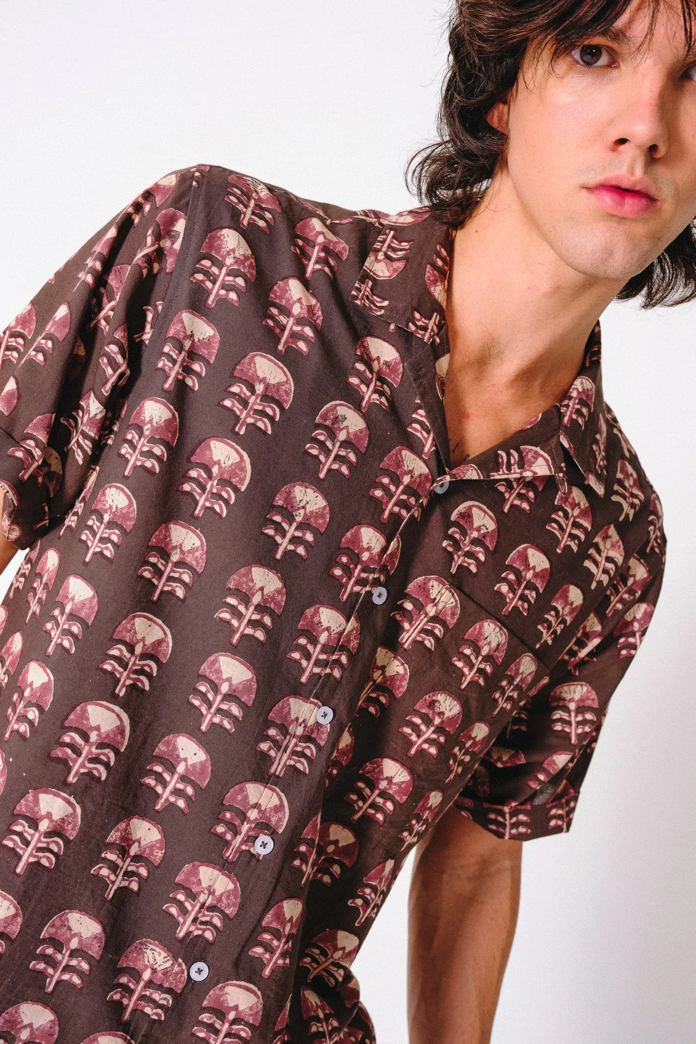 Hand Block Printed 'The Don' Camp Collar Shirt in Brown Tribal Motif sold by Dushyant product image thumbnail 4