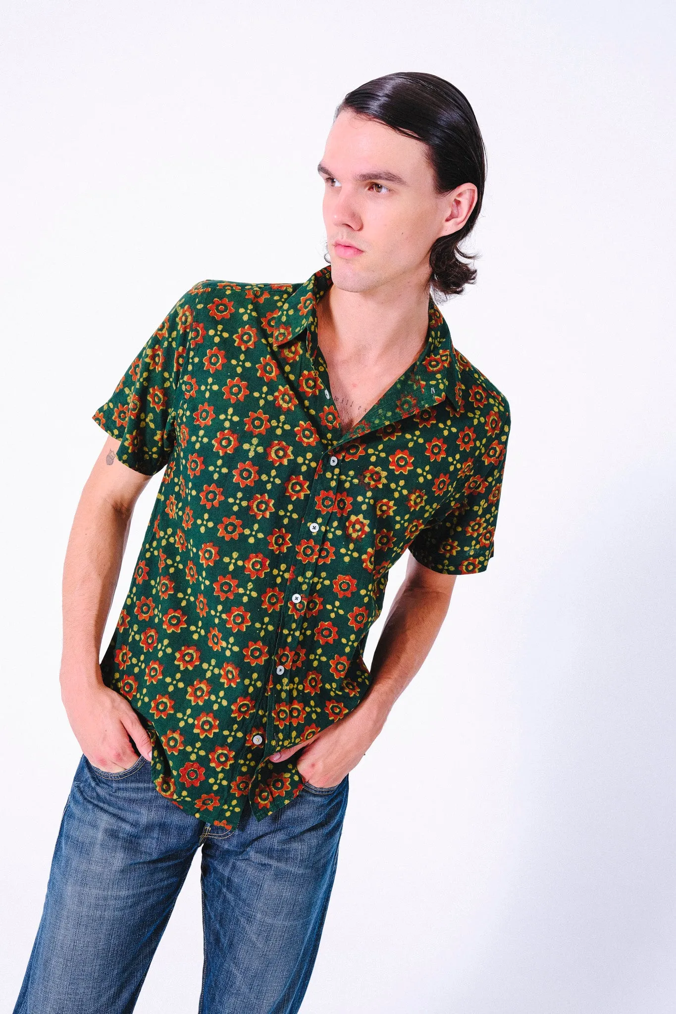 Hand Block Printed 'The Sufi' Short Sleeve Shirt in Green and Red print sold by Dushyant product image thumbnail 3