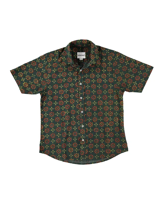 Hand Block Printed 'The Sufi' Short Sleeve Shirt in Green and Red print made by Dushyant