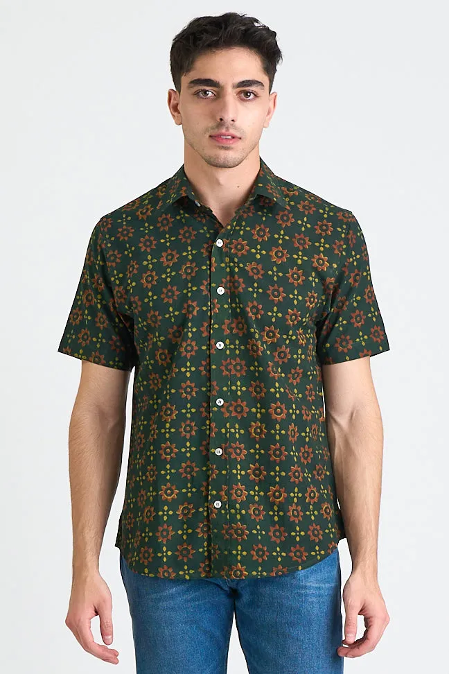 Hand Block Printed 'The Sufi' Short Sleeve Shirt in Green and Red print sold by Dushyant product image thumbnail 2