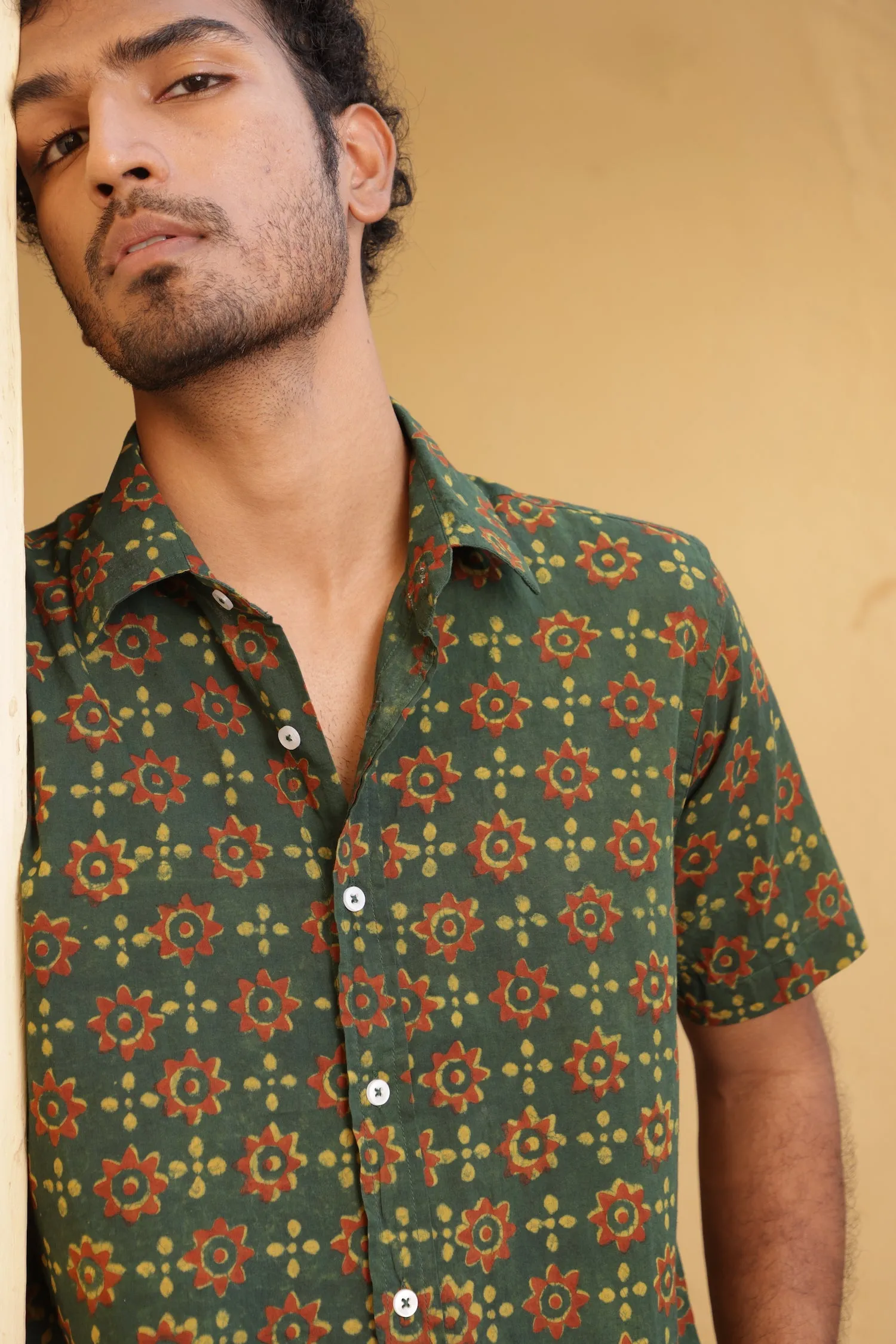 Hand Block Printed 'The Sufi' Short Sleeve Shirt in Green and Red print sold by Dushyant product image thumbnail 4