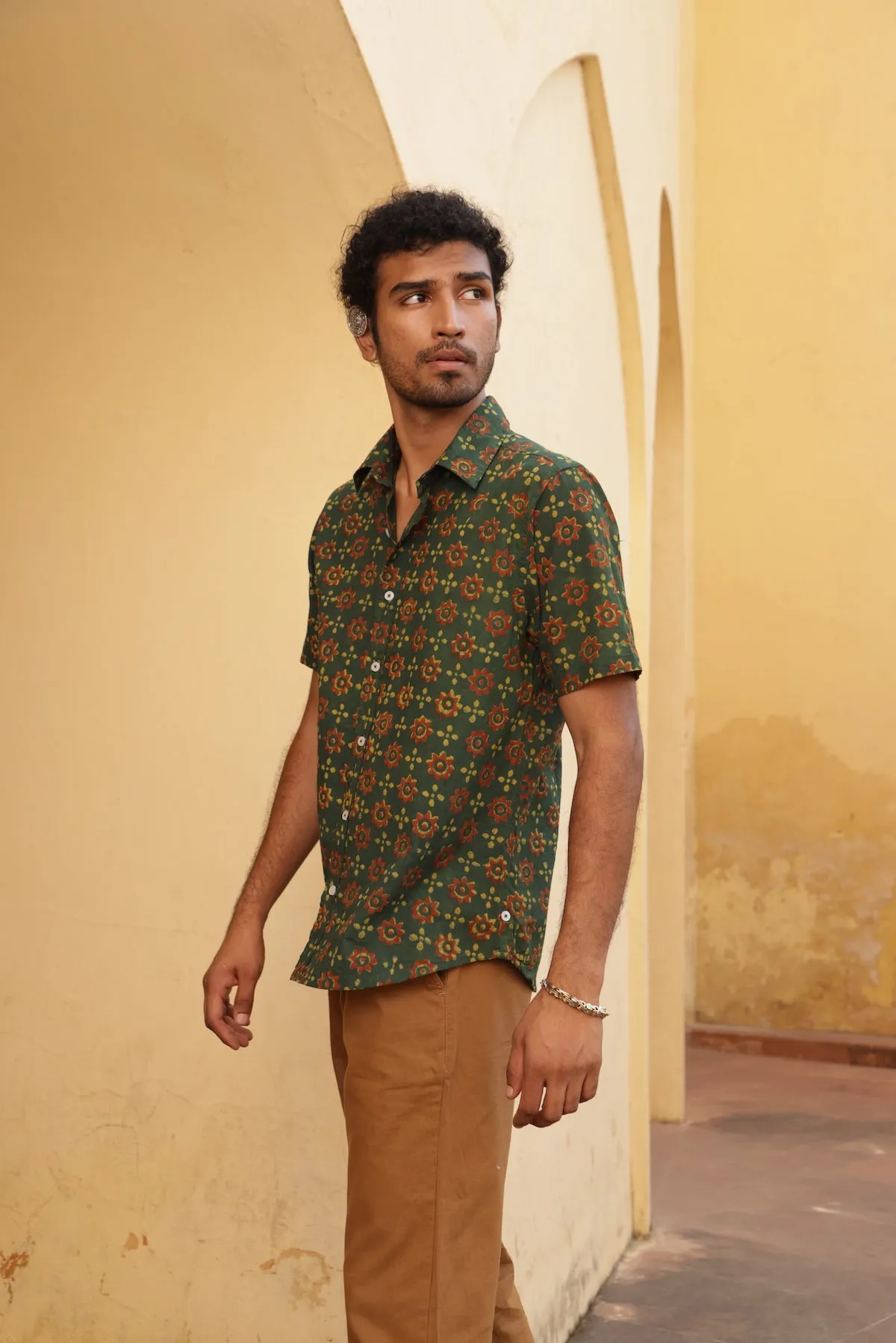 Hand Block Printed 'The Sufi' Short Sleeve Shirt in Green and Red print sold by Dushyant product image thumbnail 5