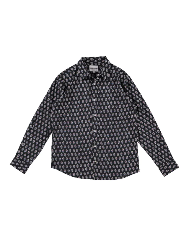 Hand Printed 'The Amir' Long Sleeve Shirt in Black and Blue Motif made by Dushyant