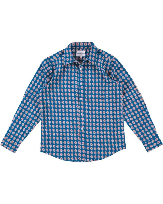 Hand Printed 'The Amir' Long Sleeve Shirt in Blue and Red Motif made by Dushyant