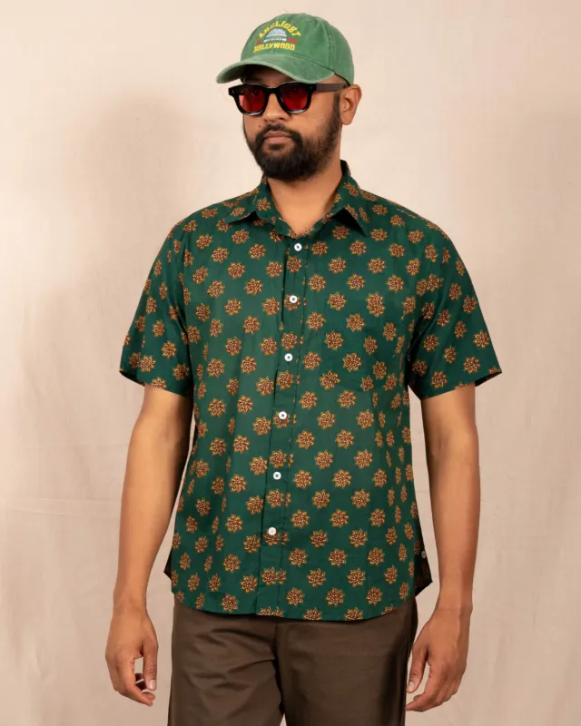 'The Folk' Shirt in Green Lotus Print made by Dushyant